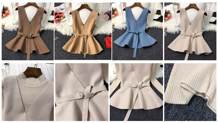 ALPHALMODA осень НОВАЯ Трикотажная нижняя рубашка+ жилет модный костюм из двух частей женский жилет с v-образным вырезом и поясом+ свитер с длинными рукавами