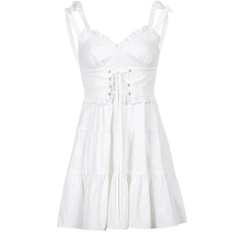 

Summer Spaghetti Strap Tunic Women's Mini Dress Sexy Sleeveless Bandage White A-line Female Dresses 2021 Sweet Girl Lady Clothes