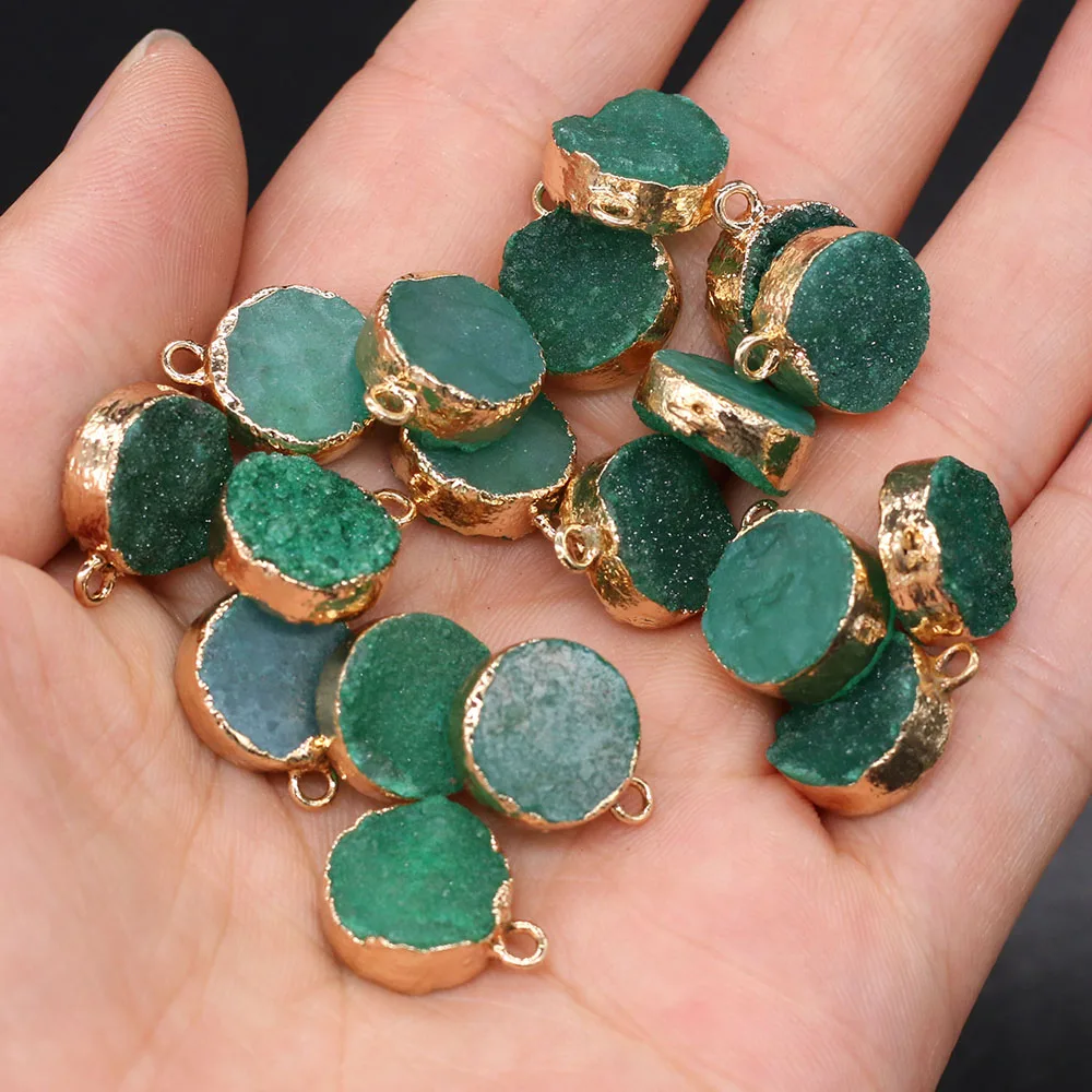 

Natural Stone Pendant Round Shape Golden-plated Green Druzy for Jewelry Making Necklace Earrings Accessories 12x16mm