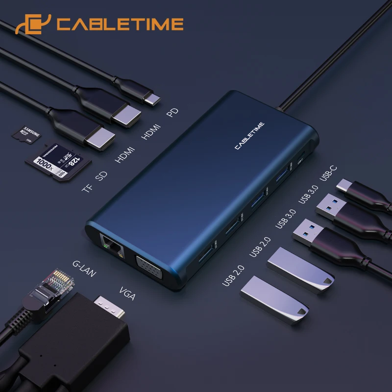 USB концентратор CABLETIME C на 2 HDMI 3 0 PD для зарядки устройство чтения карт VGA RJ45