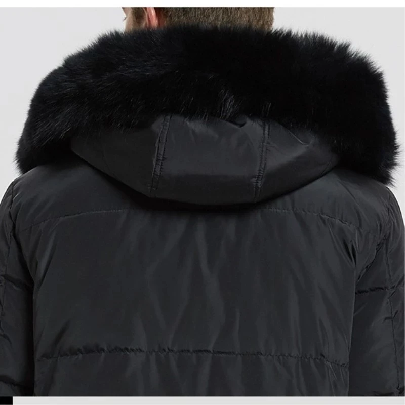 Winter Men's Black Down Jacket New Winter Male Super Length Smart Casual Down Jacket Detachable Fox Fur Hooded Long Coat S-5XL