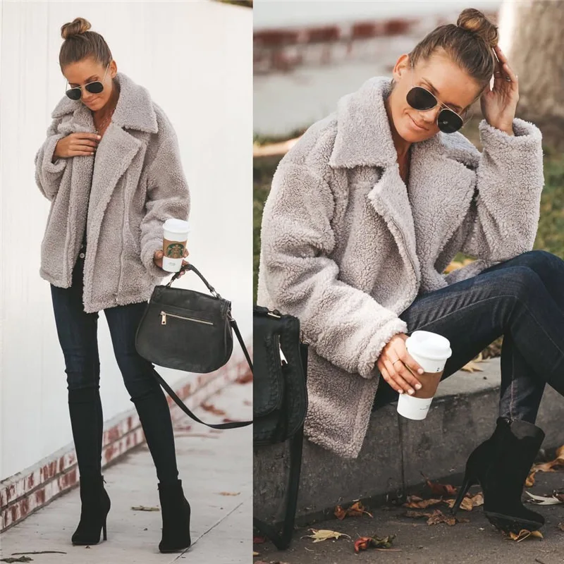 Осенне зимнее элегантное пальто из искусственного меха женское теплое мягкое