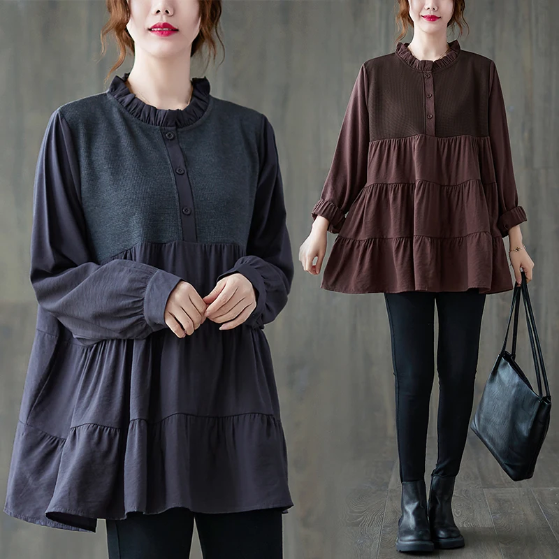 

Женский хлопковый пуловер с длинным рукавом, свободная Однотонная футболка с оборками, большие размеры, весна-осень