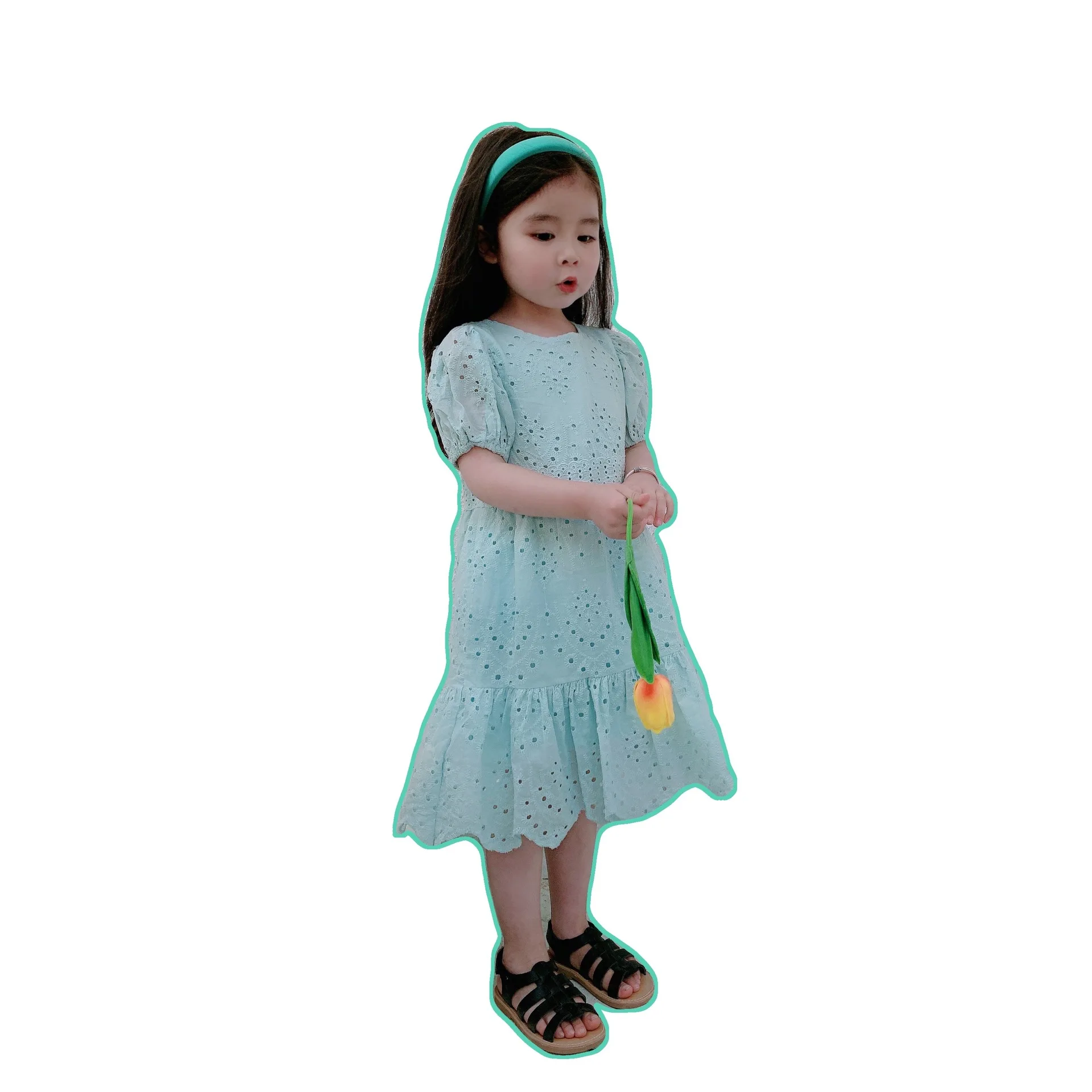 

2021 Summer Parent-Children Girls Beach Hollow Puff Sleeve Dress Kids Clothes Girls Little Girl Clothes Mommy and Me Clothes
