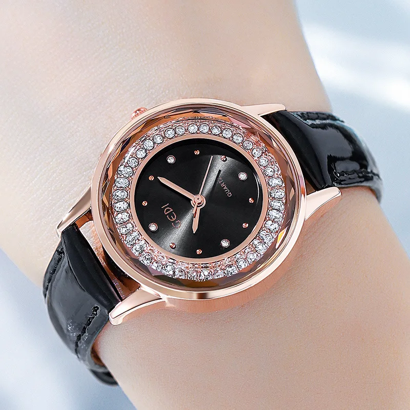 

Elegant Rhinestone Women Watches Fashion Rose Gold Genuine Leather Minimalism Retro Ladies Watch Party Business Dress Clock