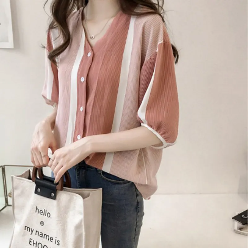 Полосатая модная блуза с v-образным вырезом рубашки коротким рукавом для женщин