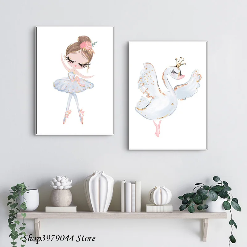 Nursery Cartoon Canvas Painting Girl Swan Minimalist Nordic Posters And Prints Wall Pictures For Baby Kids Room Decor Unframed | Дом и сад