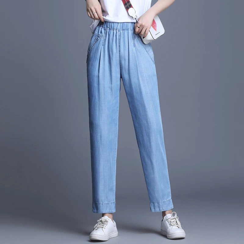 Женские джинсы свободного покроя с высокой талией синие мягкие для отдыха