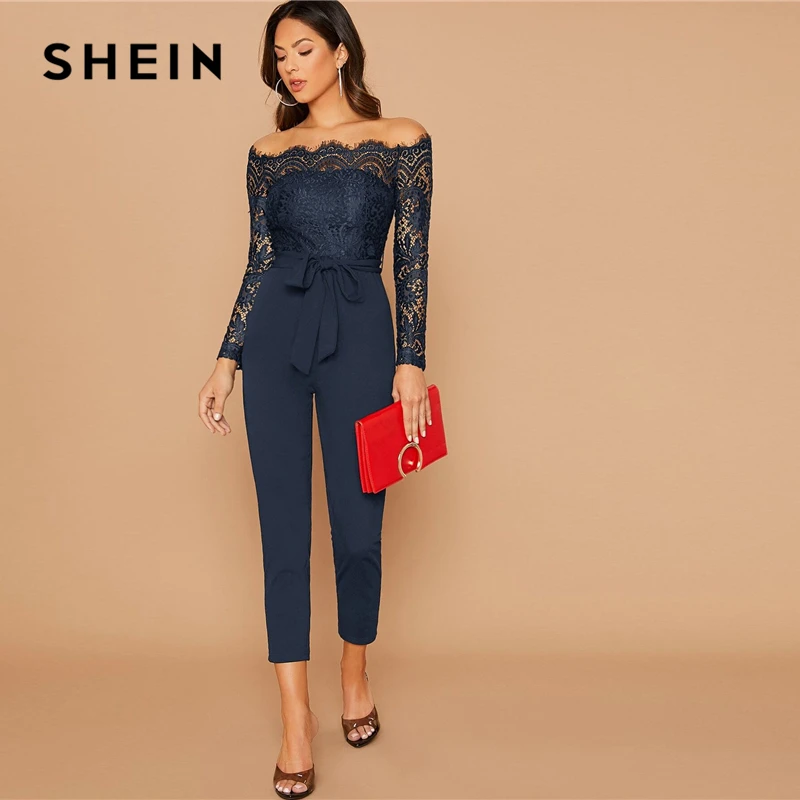 

SHEIN Black Off Shoulder Lace Bodice Self Belted Jumpsuit Women Autumn Solid High Waist Skinny Party Glamorous Jumpsuits