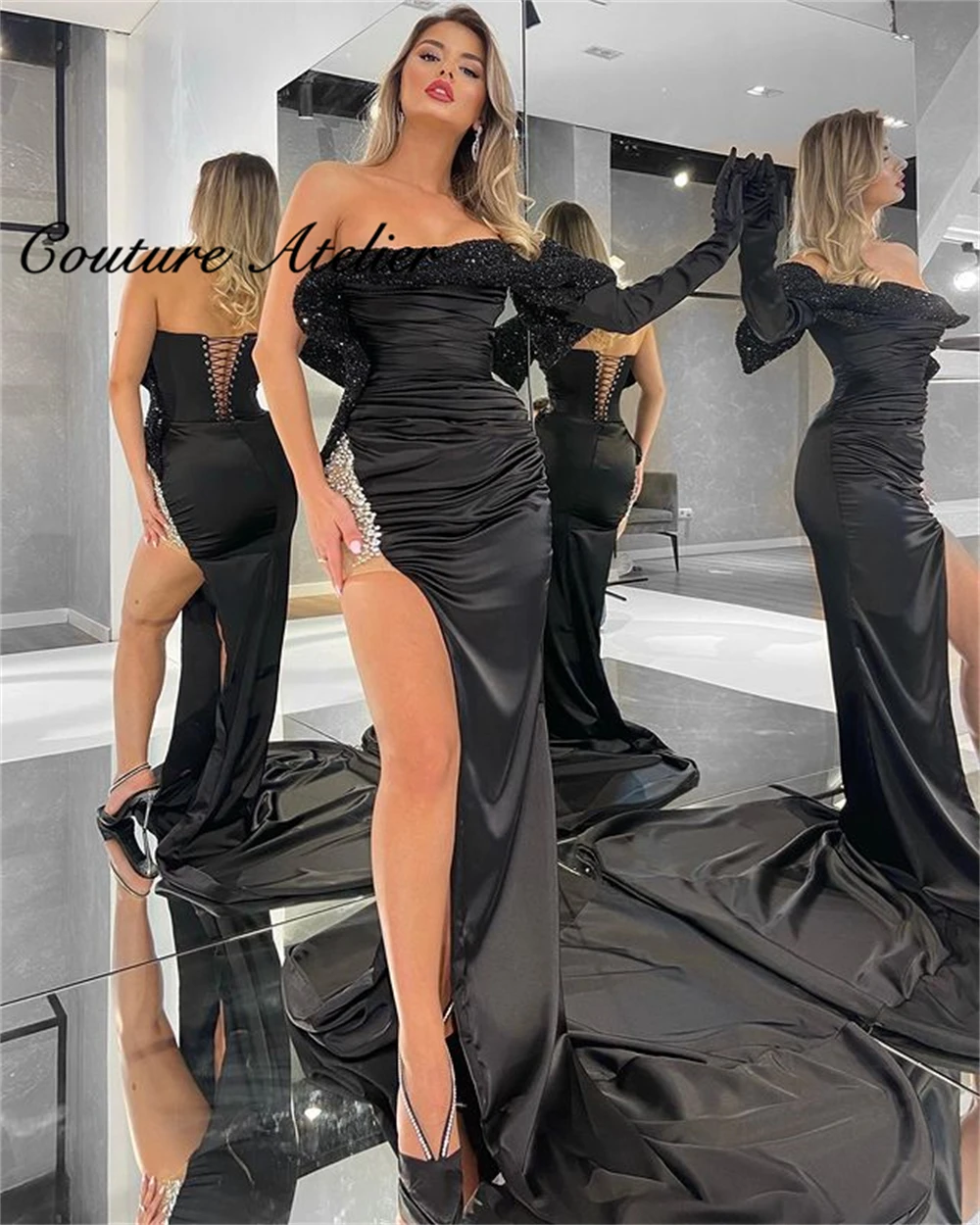 

Black Evening Dresses Luxury Long Sleeve Mermaid Party Dress High Slit Prom Gowns Robe de soree