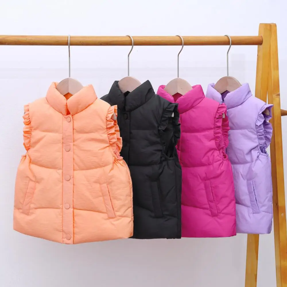 

Thicken Warm Vest For Girls Ruffles Flower Hooded Waistcoats Down Jacket For 2-7 Years Kids Winter Clothes Cute Candy Color