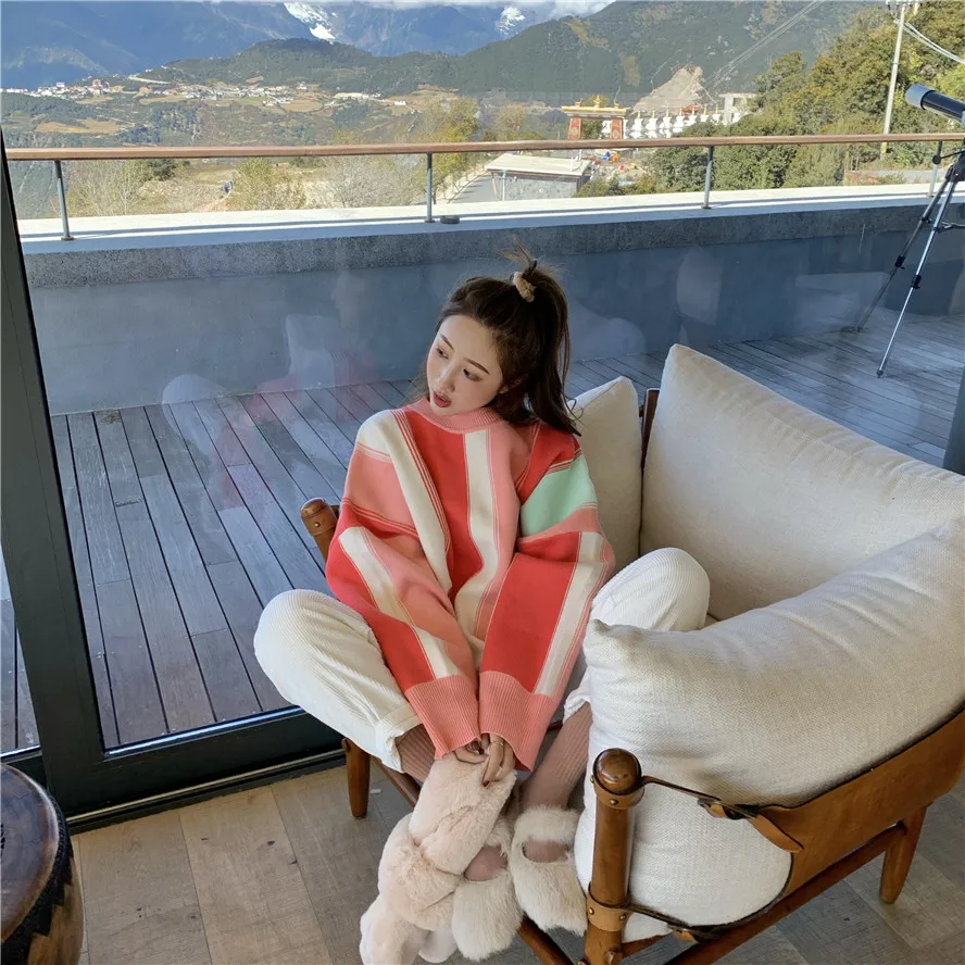 

Ppshd Striped Color Knitted Pullover Sweater