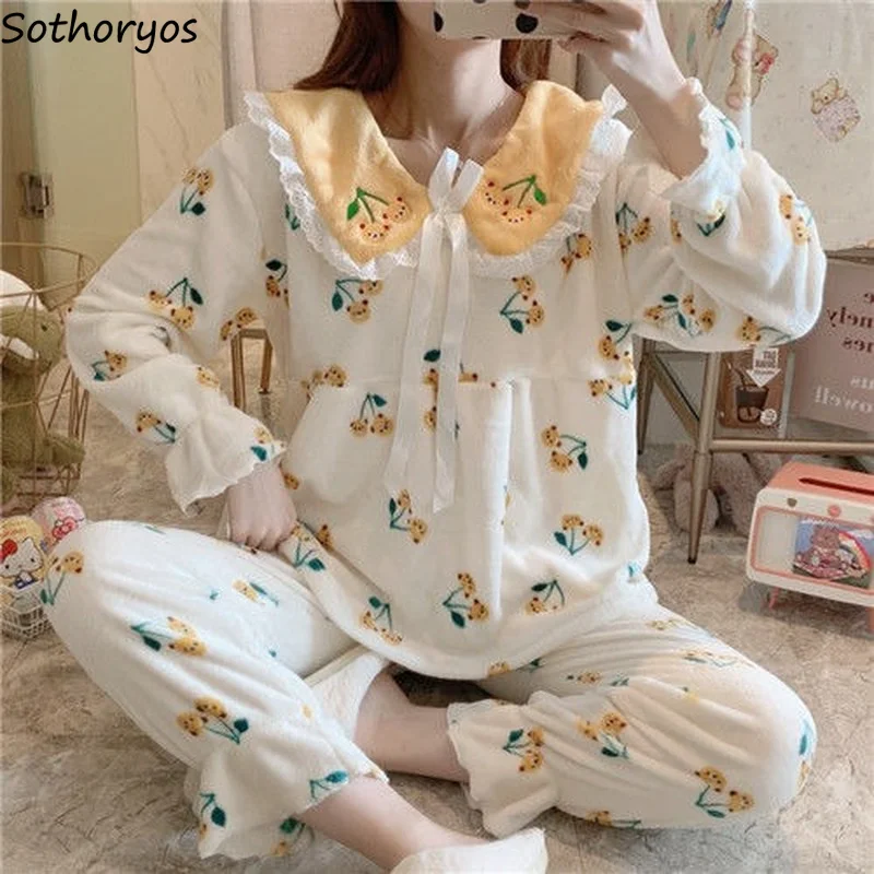 

Turn-down Collar Flannel Pajama Sets Women Lace Bow Design Sweet Cute Homewear Warm Soft Korean Style Loose Comfortable Trendy