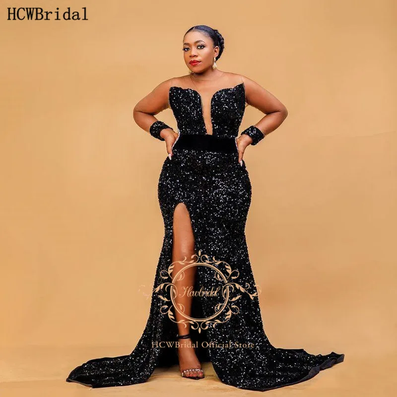 

Maxi Black Sparkly Mermaid Evening Dress Sheer See Through Long Sleeves High Slit Sexy African Women Party Formal Evening Gown