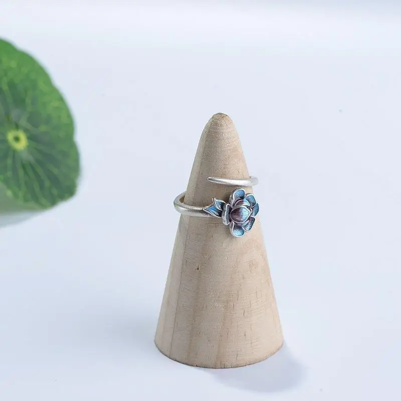 

S925 Sterling Silver Burnt Blue Ring Gift Ornament Vintage Chinese Lotus for Cheongsam Cloisonne Temperament Ring Opening