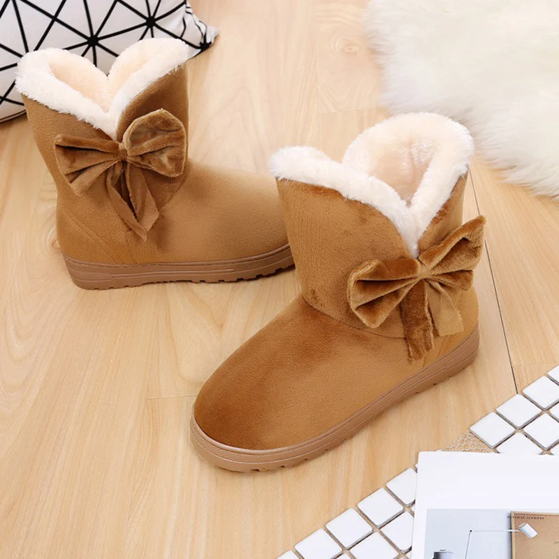 Новинка 1 пара Женские зимние сапоги Теплая обувь с бантиком Плюшевая