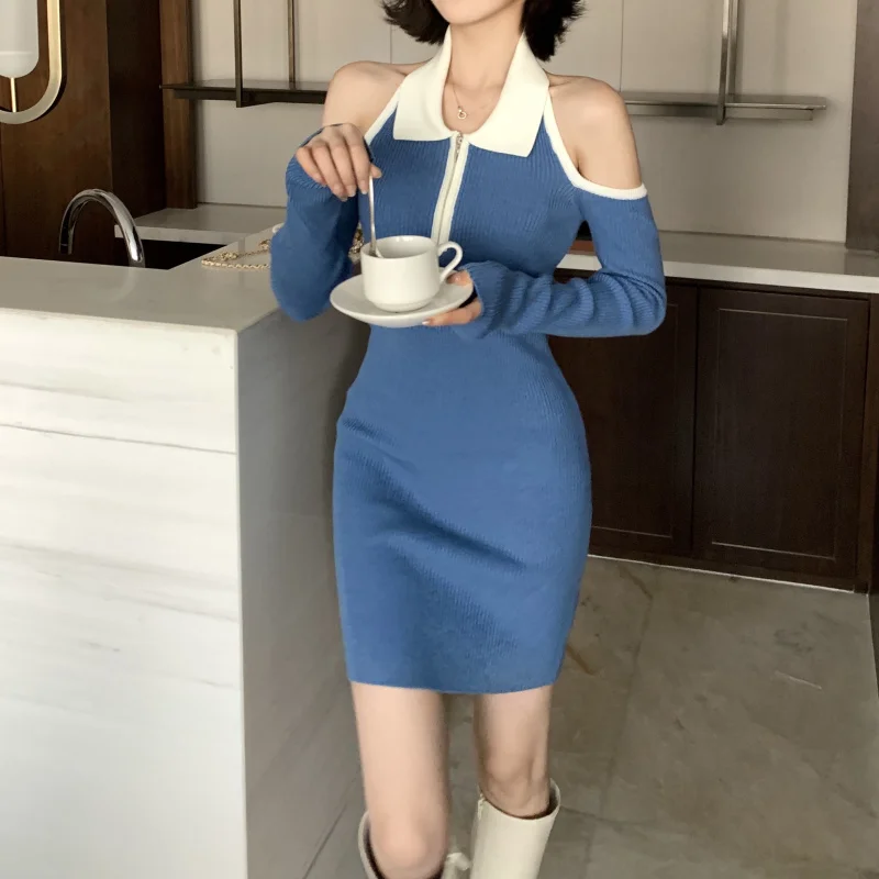 Женское трикотажное мини-платье с открытыми плечами и длинным рукавом | Женская