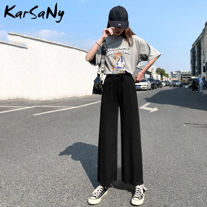 Брюки женские летние шелковые широкие на шнуровке с высокой талией | Женская