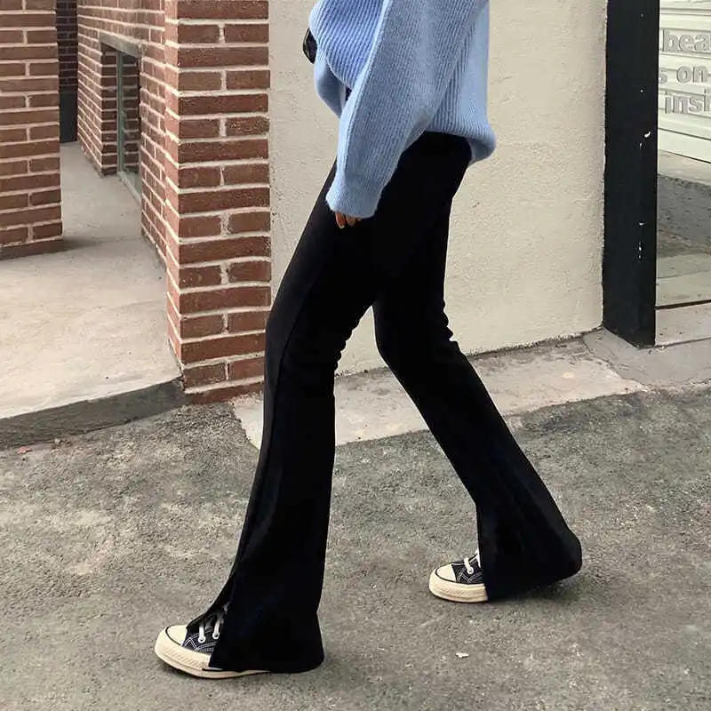 

Women Casual Pants Solid Straight Front-slit Full-length Simple Basic Students Daily Koeran Style Trendy Black Spring Female Hot