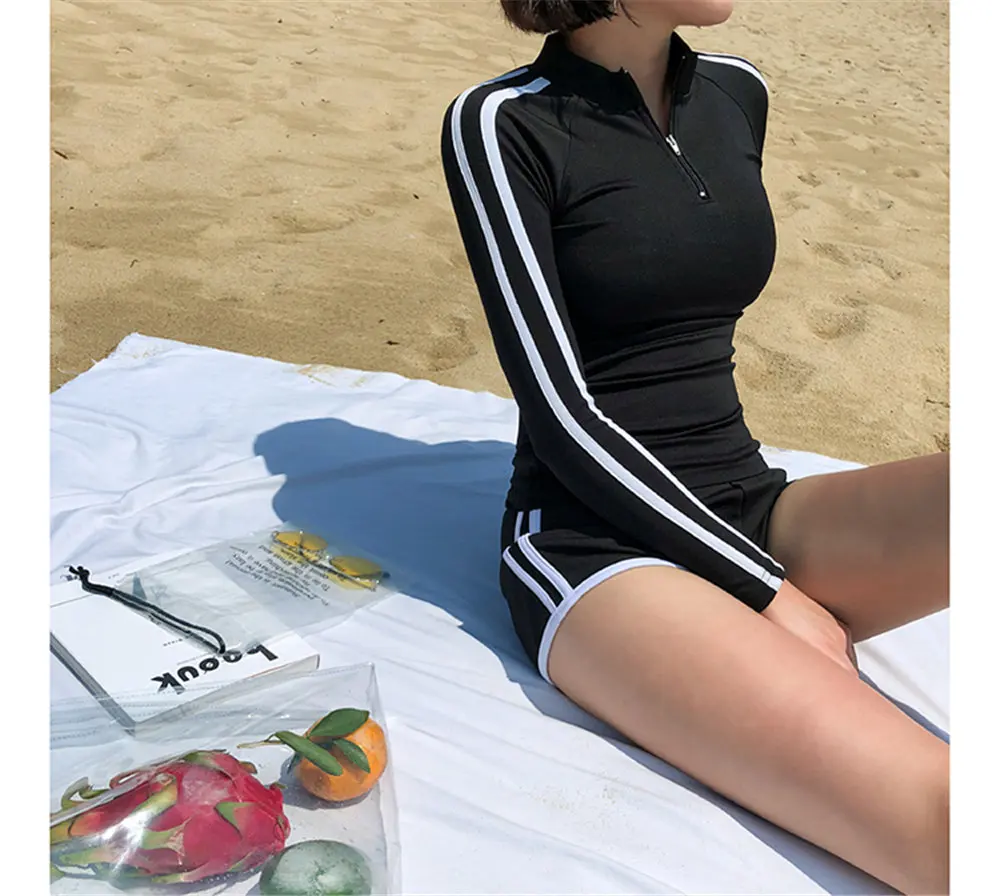 С длинным рукавом из двух частей Rashguard Женские однотонные купальники на молнии шорты Танкини полосатая блузка полосатый погружной костюм пуш-ап купальник Pad
