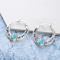 black angel vintage silver inset turquoise pattern eagle feather round hoop earrings fashion jewelry wedding christmas gift