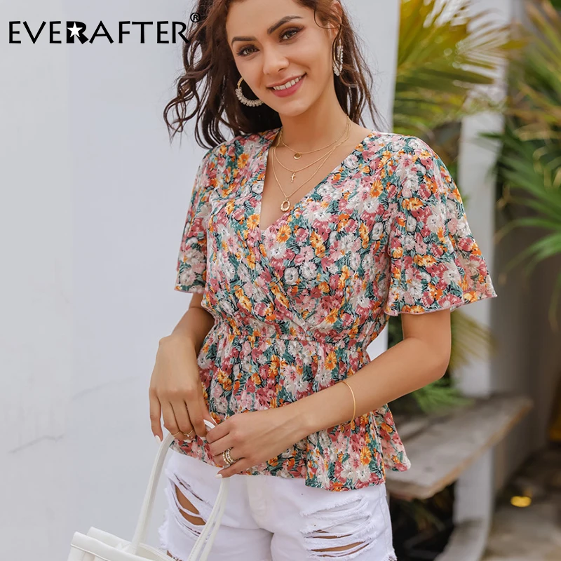 EVERAFTER Vintage v-neck floral print women blouse shirt sexy holiday beach ruffles Elegant slim female blouses tops summer 2020