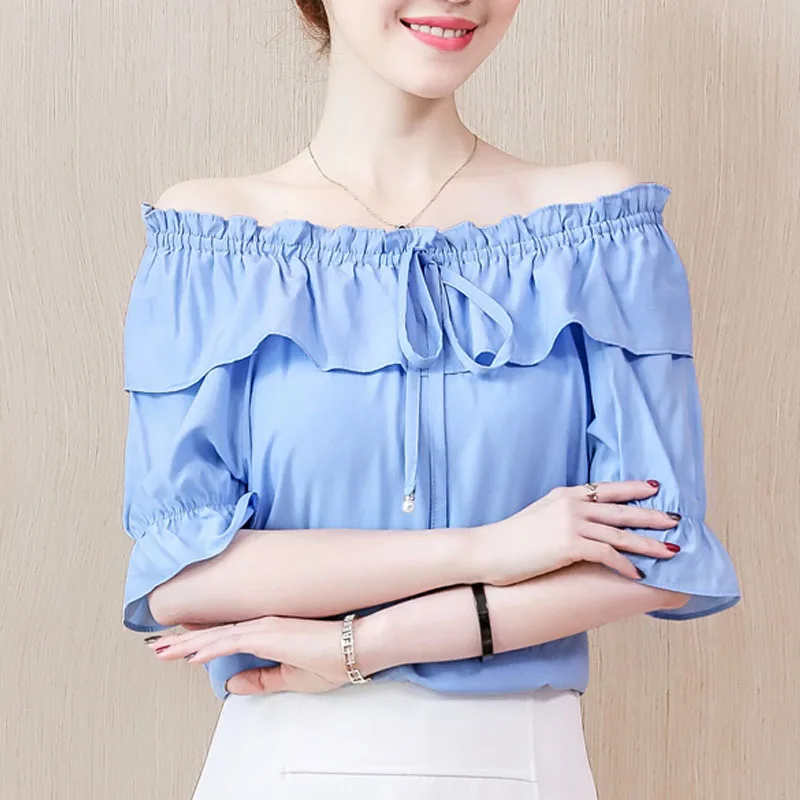 

Blusas femininas shirts 2020 ladies tops harajuku chiffon blouse for women short Ruffles Solid Slash neck Butterfly Sleeve 0571