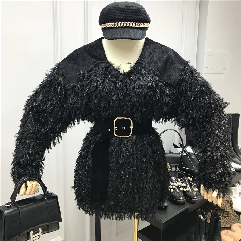 Женское платье с бахромой Осень зима 2019 новое приталенное V образным вырезом и