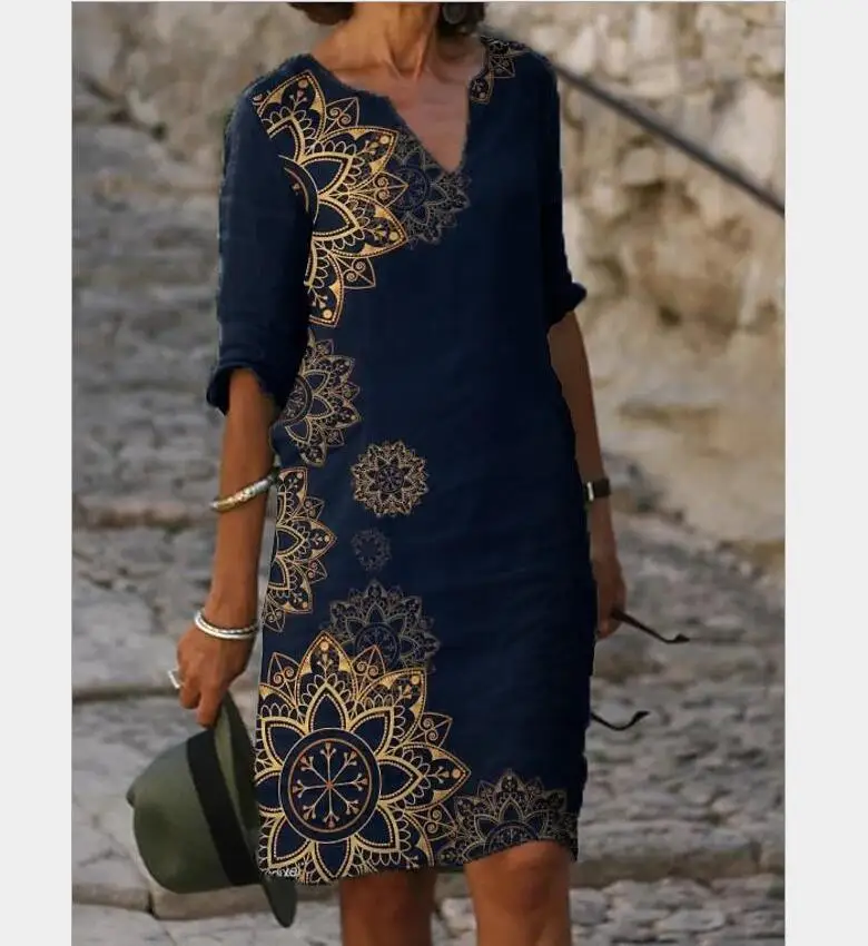 

2021 New Women Printing Dress Summer V-Neck Half Sleeve A-Line Dresses Female Retro litera Vintage Loose Dress Vestidos