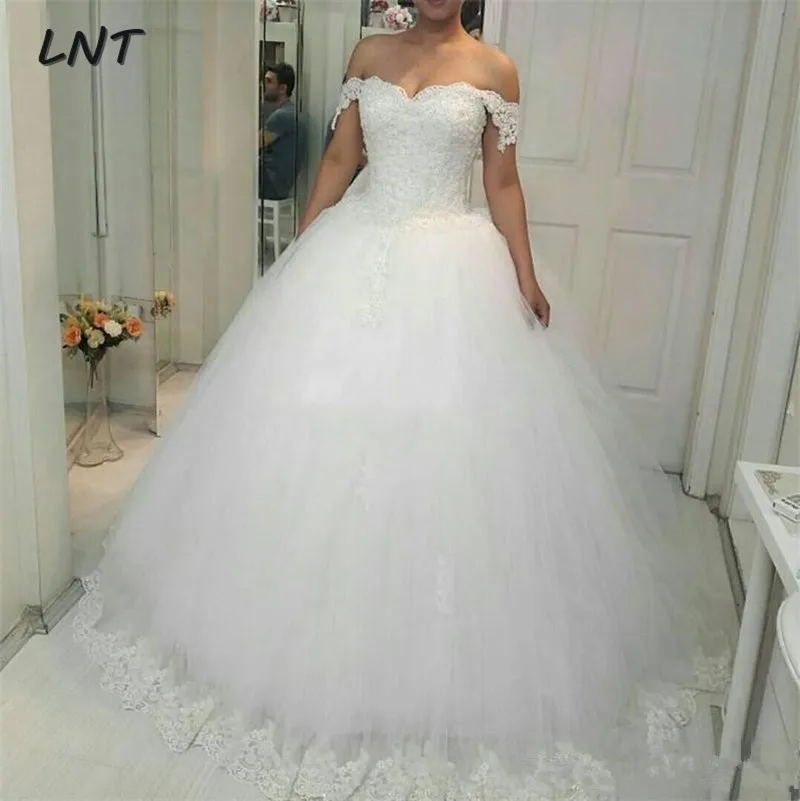 

Off the Shoulder Ball Gowns Princess Lace Wedding Dresses Sweetheart Appliques Beaded Wedding Gowns Puffy Lace-Up Bride Dress