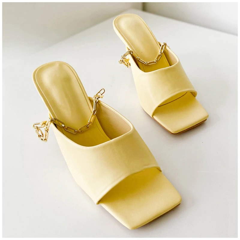 

Bailamos Women 2021 Summer Thin High 7cm Slippers Fashion Brand Design Chain Square Toe Sandals Slip On Slides Mule Zapatillas