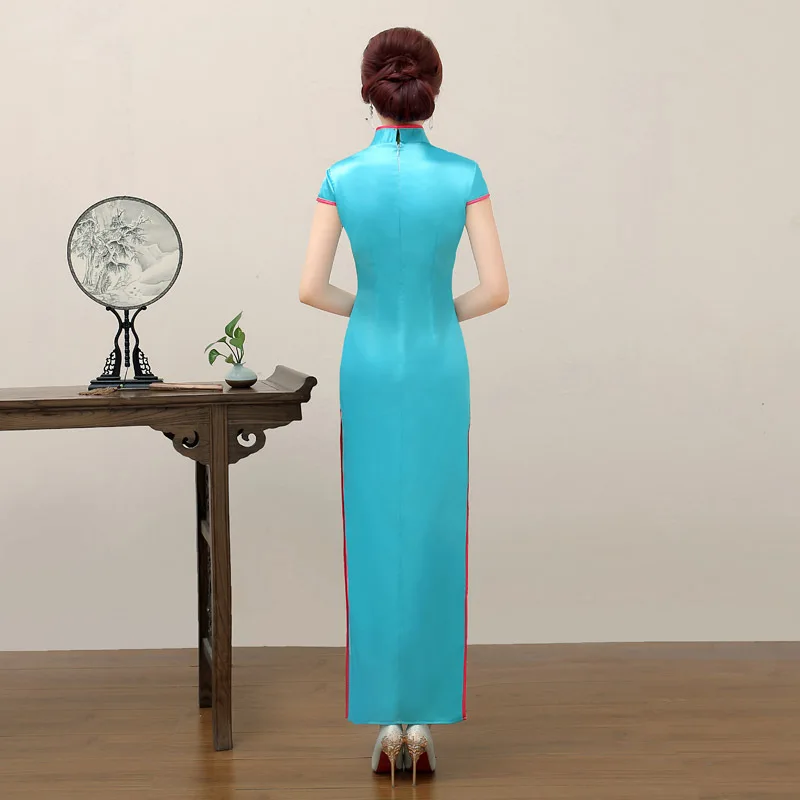 Женское праздничное длинное платье-Ципао светло-голубое винтажное вечернее