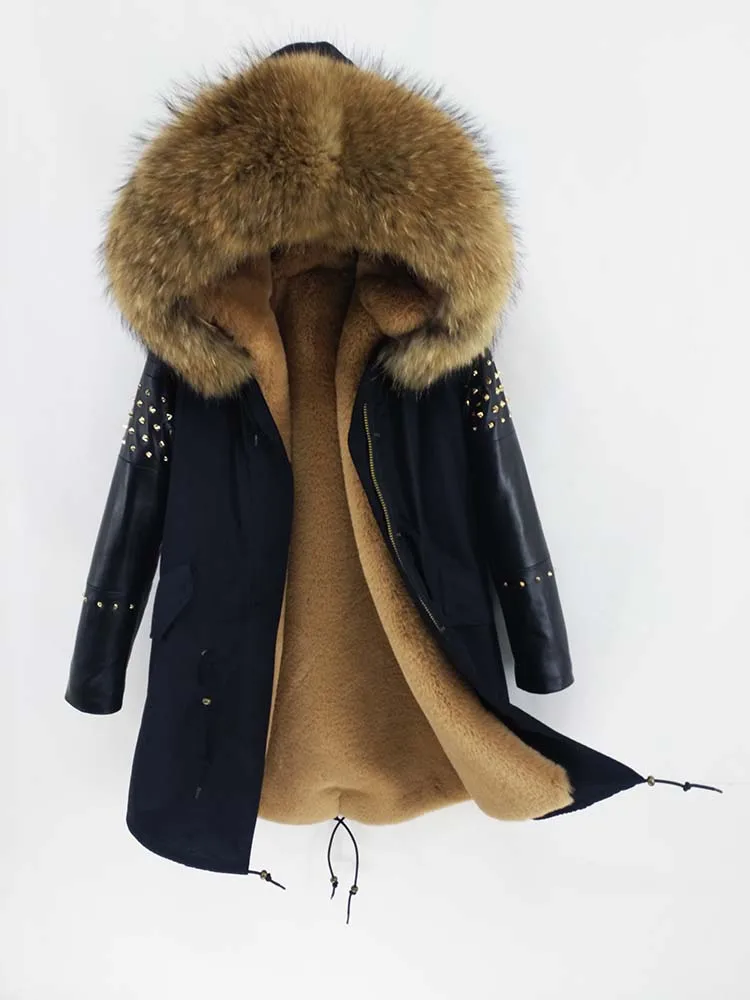10 faux fur liner Женская длинная парка с воротником из натурального меха лисы, зимняя куртка с капюшоном, пальто с заклепками, Монгольская овечья кожаная верхняя одежда с рукавами, Detachabl - Цвет: 10 faux fur liner