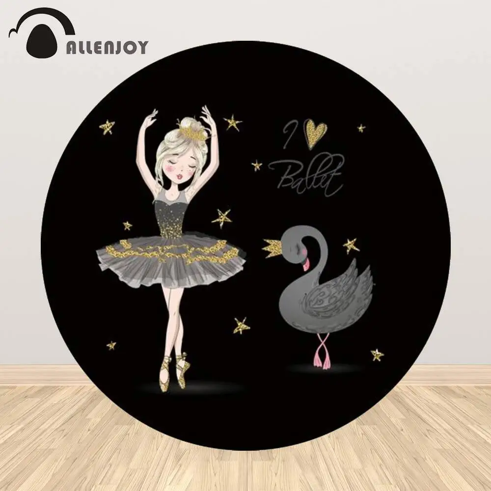 

Allenjoy Black Swan Ballet Girl Round Background Circle Photo Backdrop Baby Shower Birthday Party Decor Table Cover Photocall