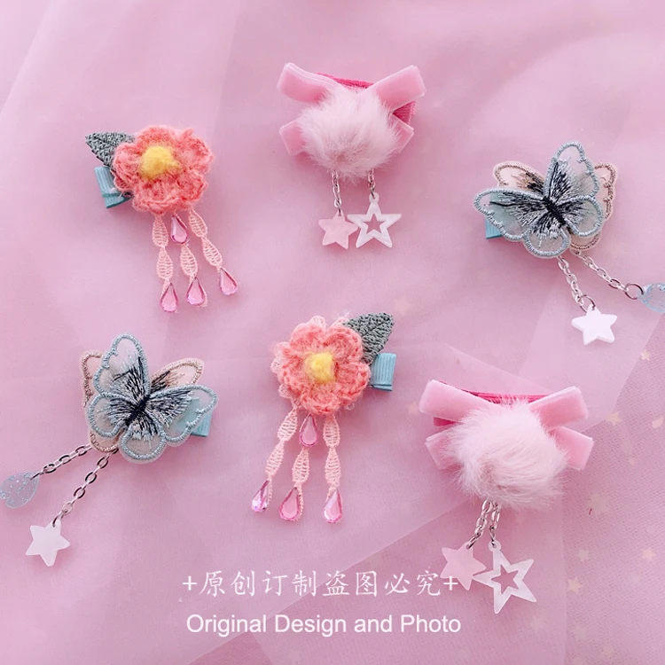 Мягкая вязаная заколка для волос Lolita ручной работы девочек с цветами бабочками