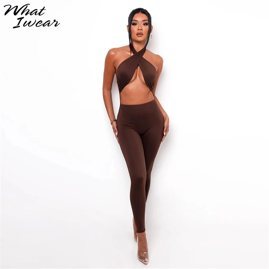 

Whatiwear Solid Sleeveless Halter Jumpsuit Women 2021 Classic Sexy Cleavage Backless Elastic Feamle Skinny One Piece Streetwear
