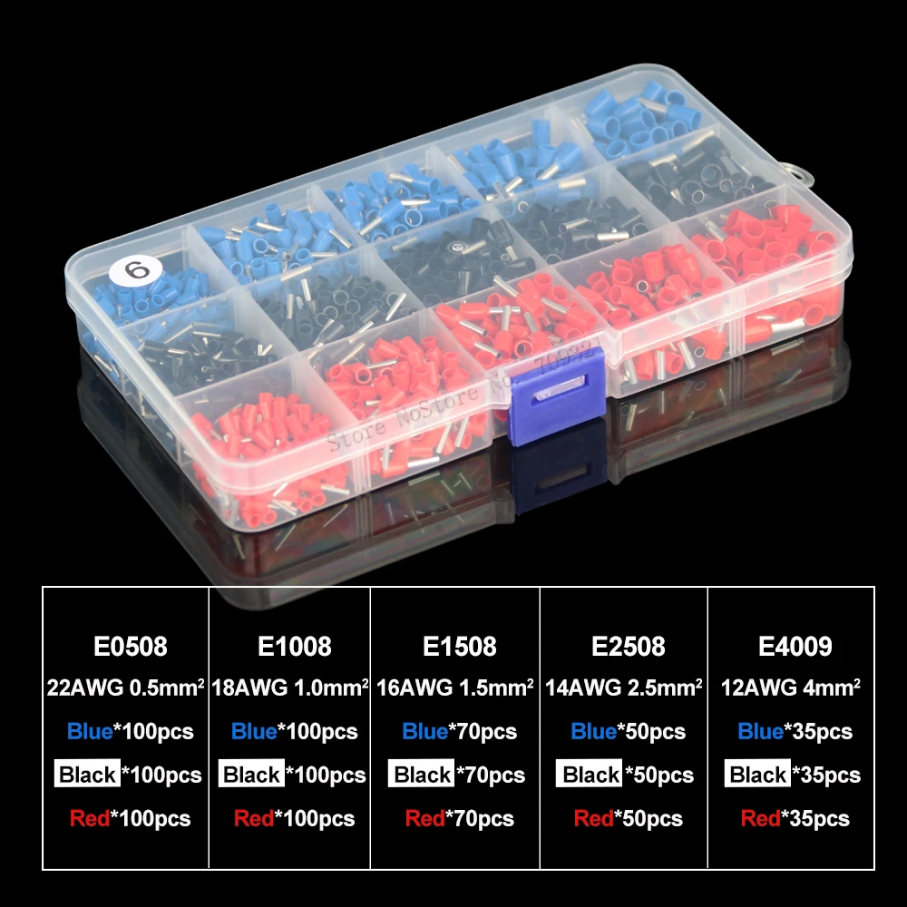 1065pcs AWG12-22 0.5-4mm2 Tube Terminal Crimp Kit Cord Pin End Insulated Wire Terminals VE Connector Mixed Electrical