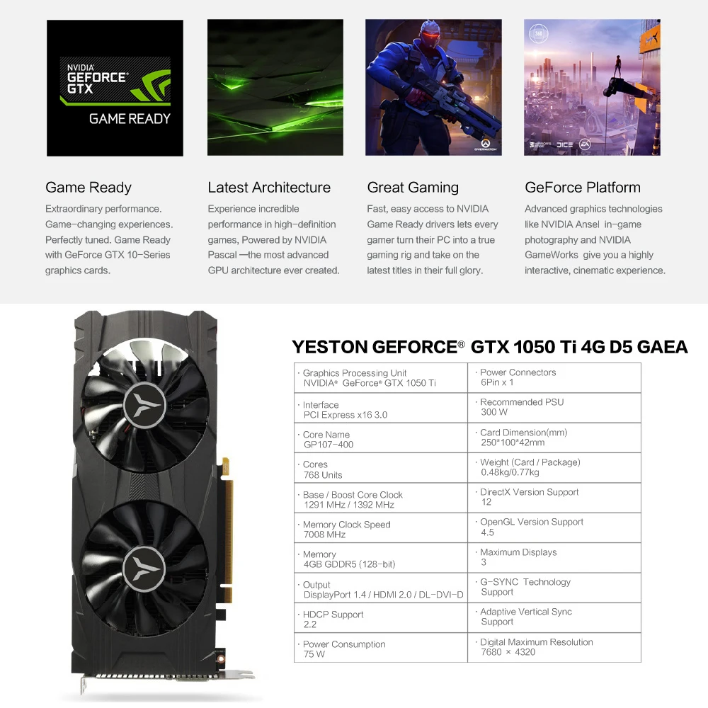 Видеокарта Yeston GeForce GTX 1050Ti 4G D5 GAEA для ПК 1291 1392 МГц/7008 МГц 4 ГБ/бит/GDDR5 графическая