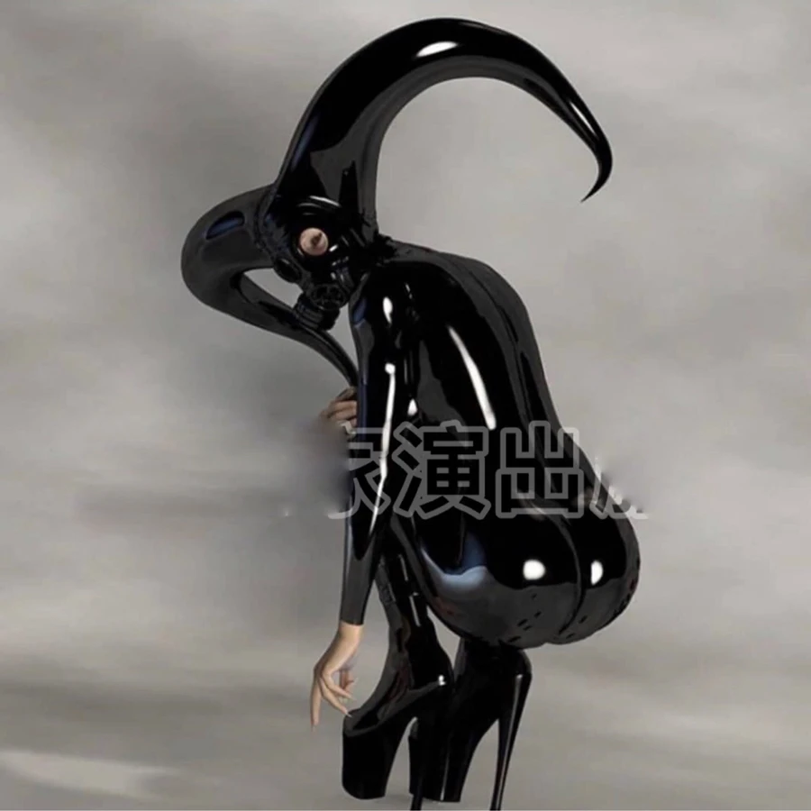 Рождественский бар супер девушка латекс лакированная кожа черный большой рог