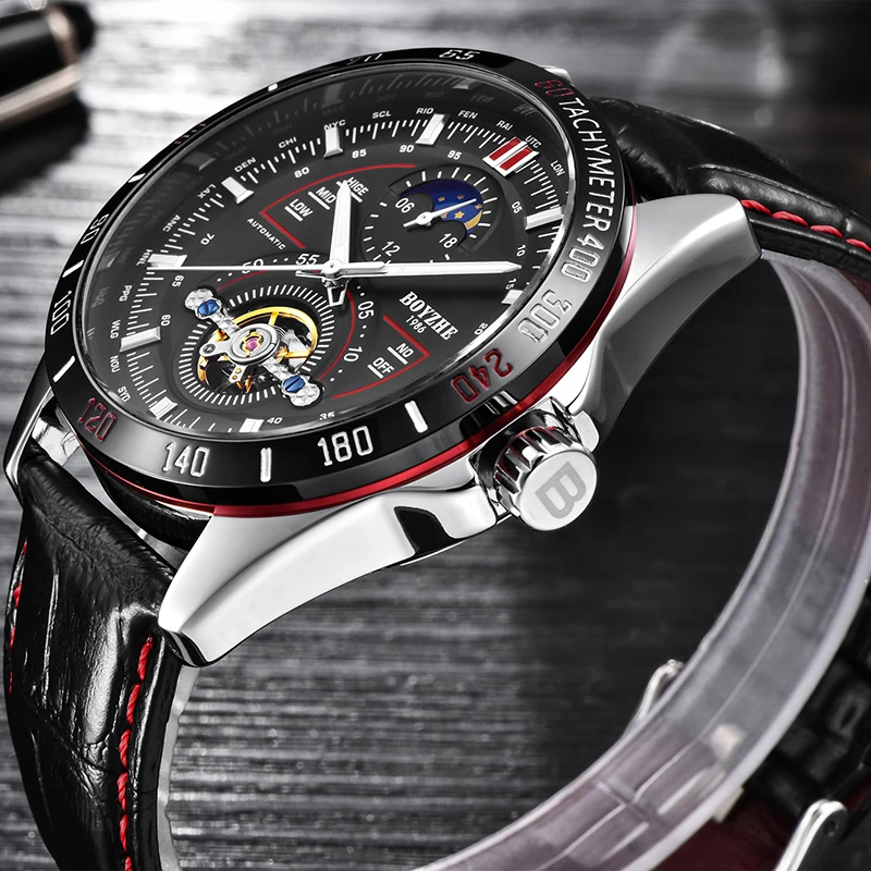 

BOYZHE Luxury Men Sun Moon Watch Leather Waterproof Automatic Watch Military Mechanical Tourbillion Mens Wrist Watches Man Clock