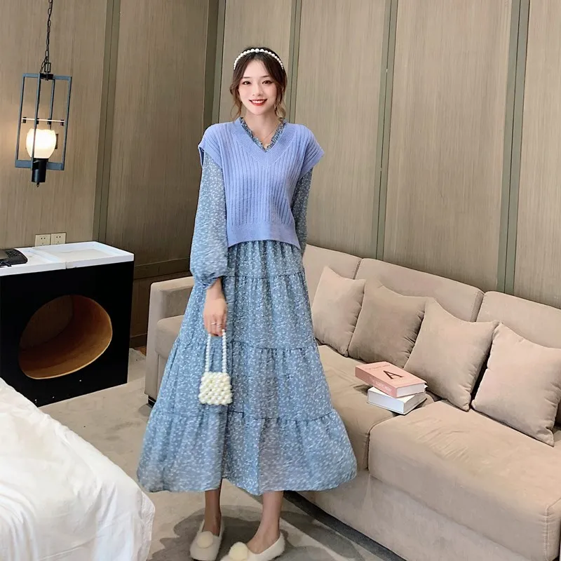 

Flower dress women spring and autumn 2020 new lotus leaf edge French retro chiffon skirt long long sleeve