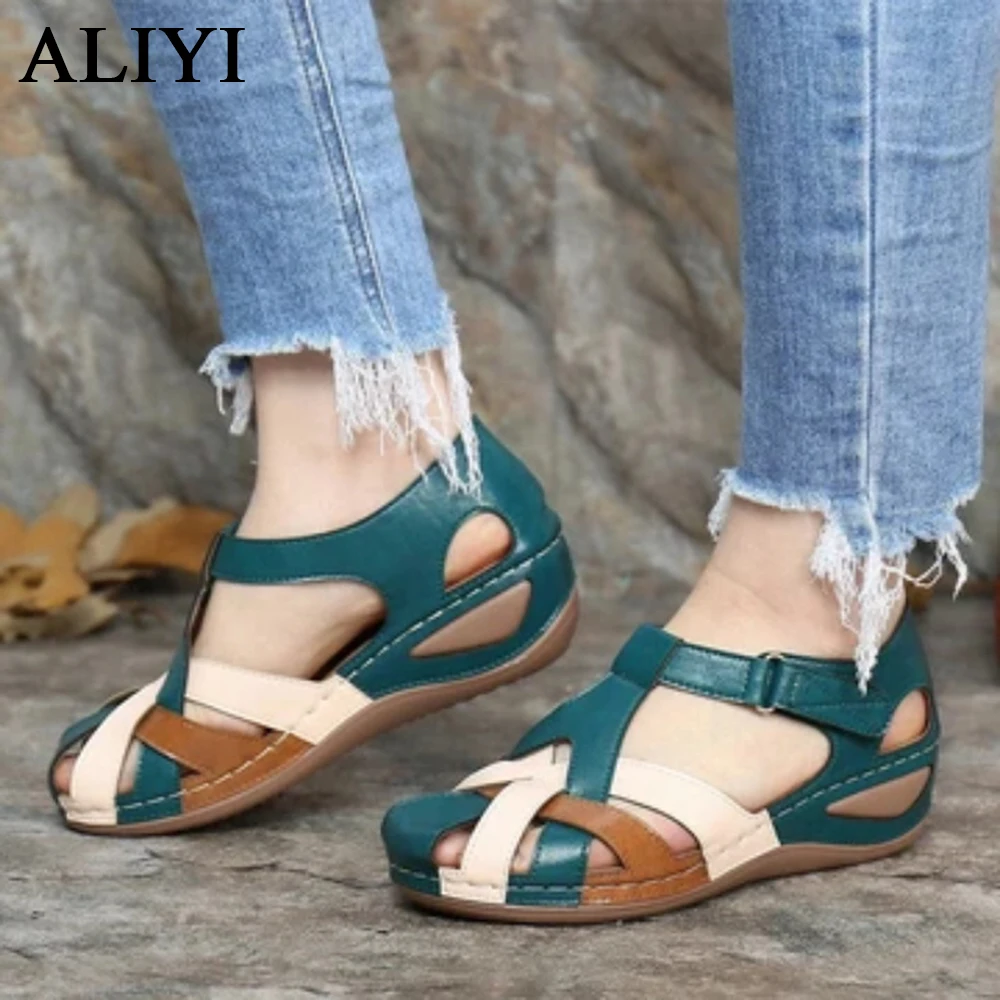 

Women's Wedge Sandals 2021 Summer Closed Toe Buckle Patchwork Ladies Casual Shoes Comfortable Big Size Female Beach Sandals