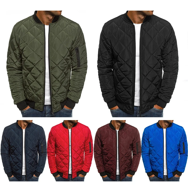 Мужская приталенная куртка бомбер однотонная повседневная на молнии в клетку
