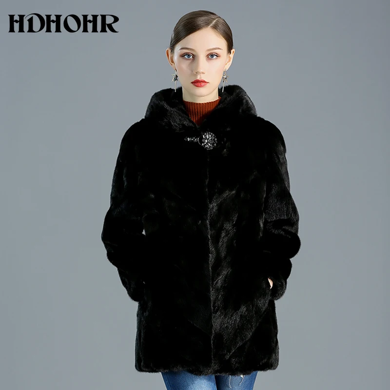 HDHOHR Высококачественная шуба из натурального меха норки Женское пальто с капюшоном из натурального меха норки теплые модные толстые куртки из меха норки зимние