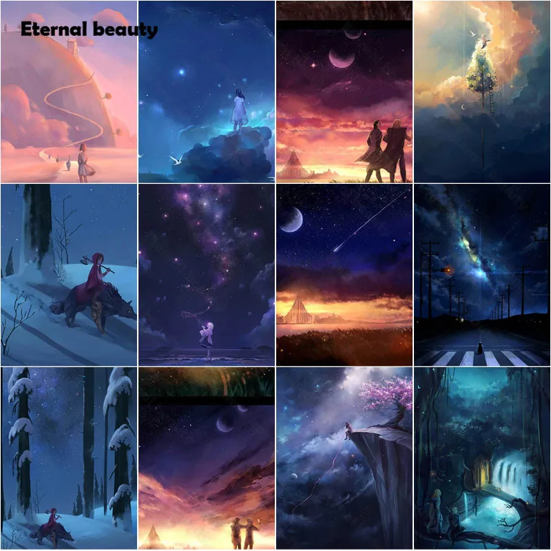 

5D Diy Diamond Painting Japanese Anime Style Landscape Pink Cloud Snow Night Moon Scenery Full Diamond Embroidery Mosaic Kit