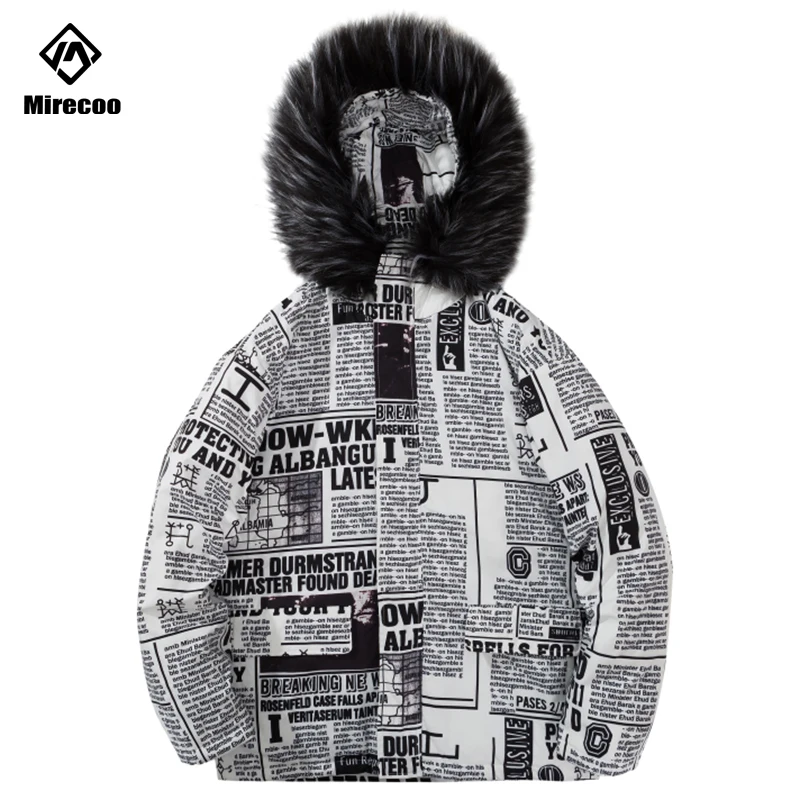 Парка мужская с принтом газет в стиле хип-хоп зимняя пуховая куртка мехом теплая