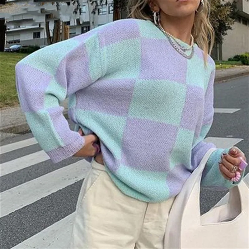 

2021 New Girls Long Sleeve Knitwear Autumn Winter Ladies Double Color Plaid Round Collar Loose Knitted Tops Casual Sweaters