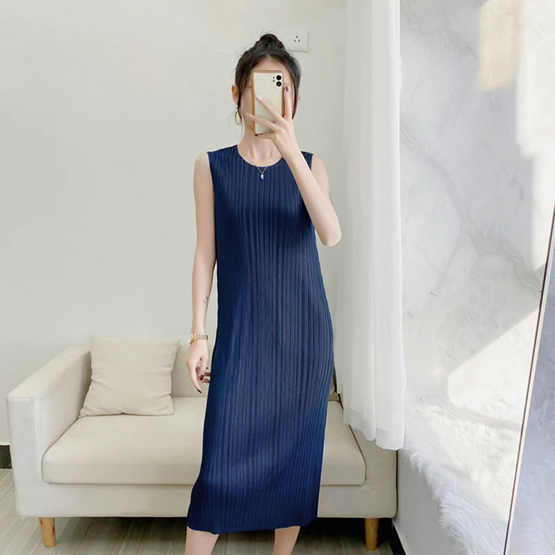 

POPOLLE Summer New O-neck Pleated Skirt Sleeveless Dress Female Pleated Hippie Beach Skirt Dress Slim Slimming Mid-length Skirt