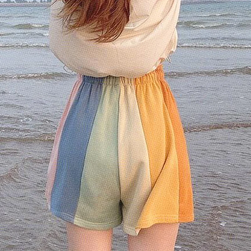 

Shorts Women Rainbow Lovely Girls Elastic Waist Popular Ulzzang Streetwear Female Fashion Holiday Loose Summer Harajuku Newest