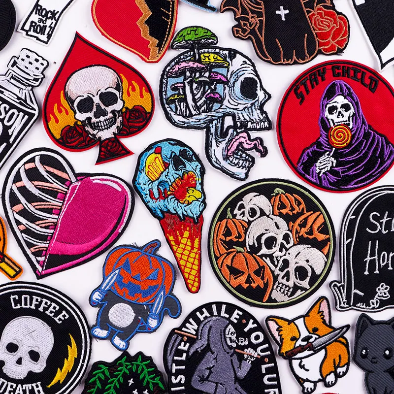 

Hippie Skull Applique Punk Biker Patch Embroidered Patches For Clothing Thermoadhesive Patches Skeleton Badge Patches On Clothes